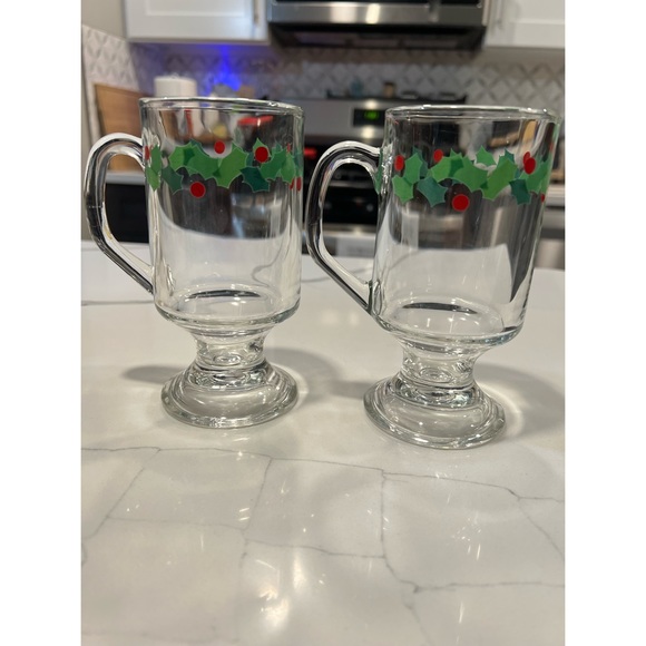 Vintage Holiday Glass Footed Eggnog Mugs - Set of 2 - Picture 2 of 4